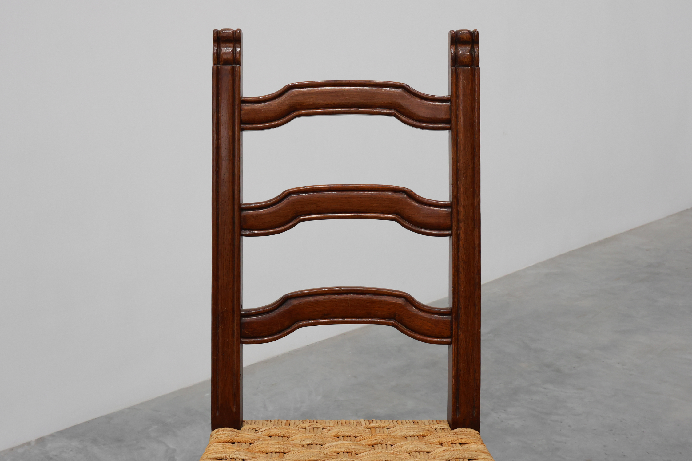 Set of 8 Brutalist Mid-Century Chairs in Wood and Wicker, Belgium ca. 1970thumbnail